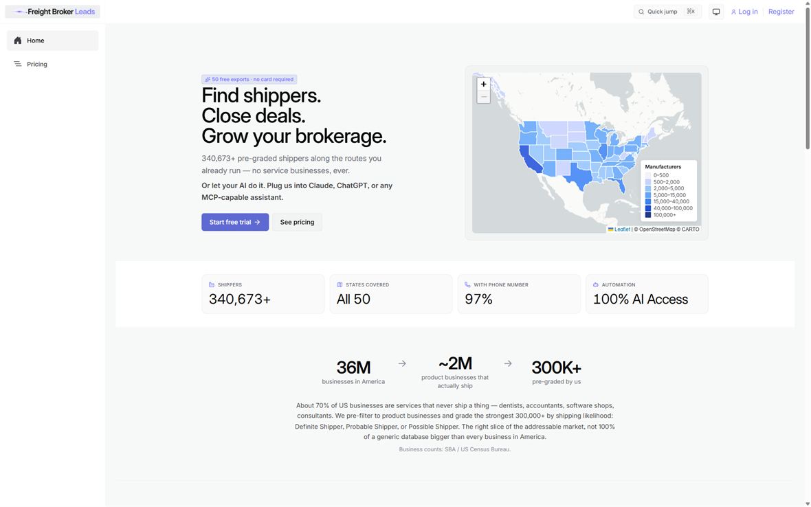 FreightBrokerLeads.ai — shipper density map and lead stats