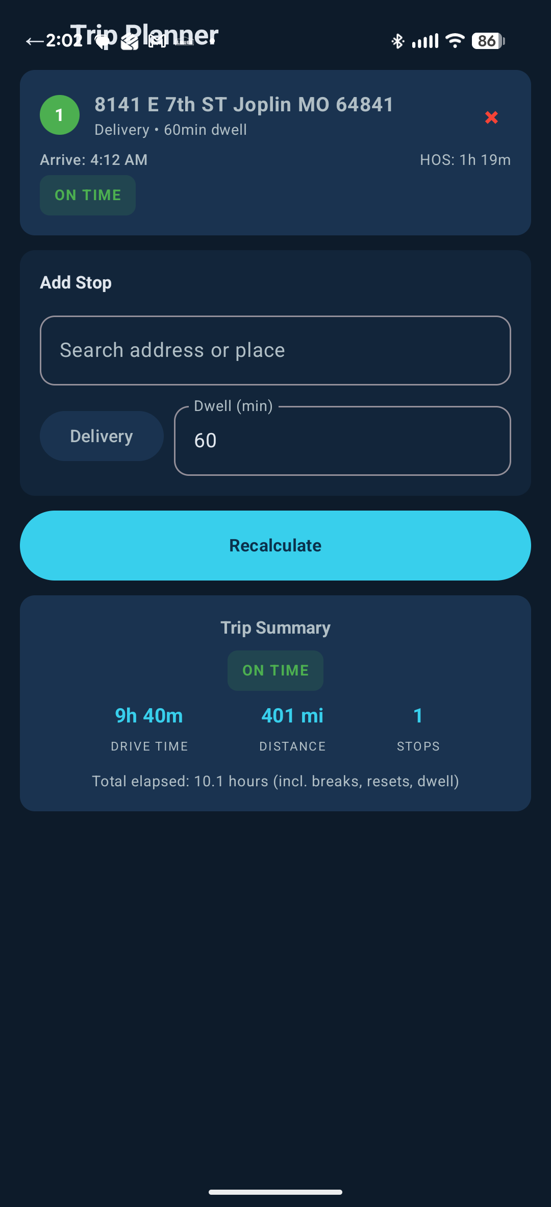 Truck Magnet HOS-aware trip planner — arrival time, drive time, distance, and on-time status