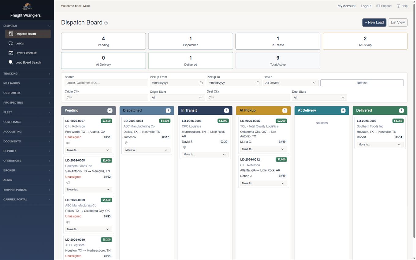 Freight Wranglers dispatch board — a live Kanban of loads by pipeline stage